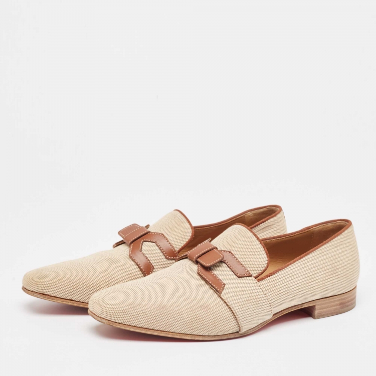 Pre Owned Christian Louboutin Beige/Brown Woven Fabric and Leather Smoking Slippers Size 41