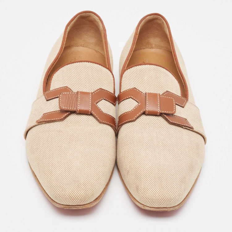Pre Owned Christian Louboutin Beige/Brown Woven Fabric and Leather Smoking Slippers Size 41