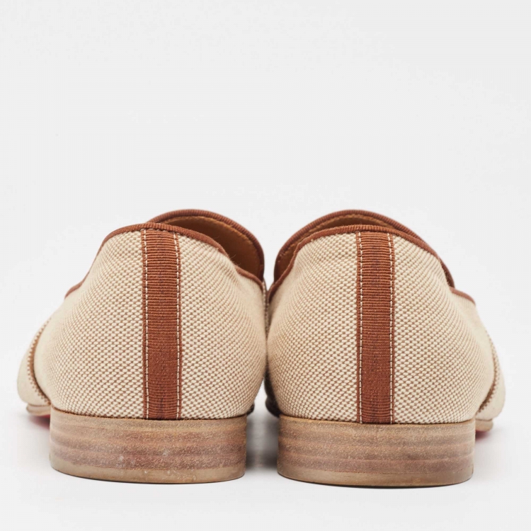 Pre Owned Christian Louboutin Beige/Brown Woven Fabric and Leather Smoking Slippers Size 41