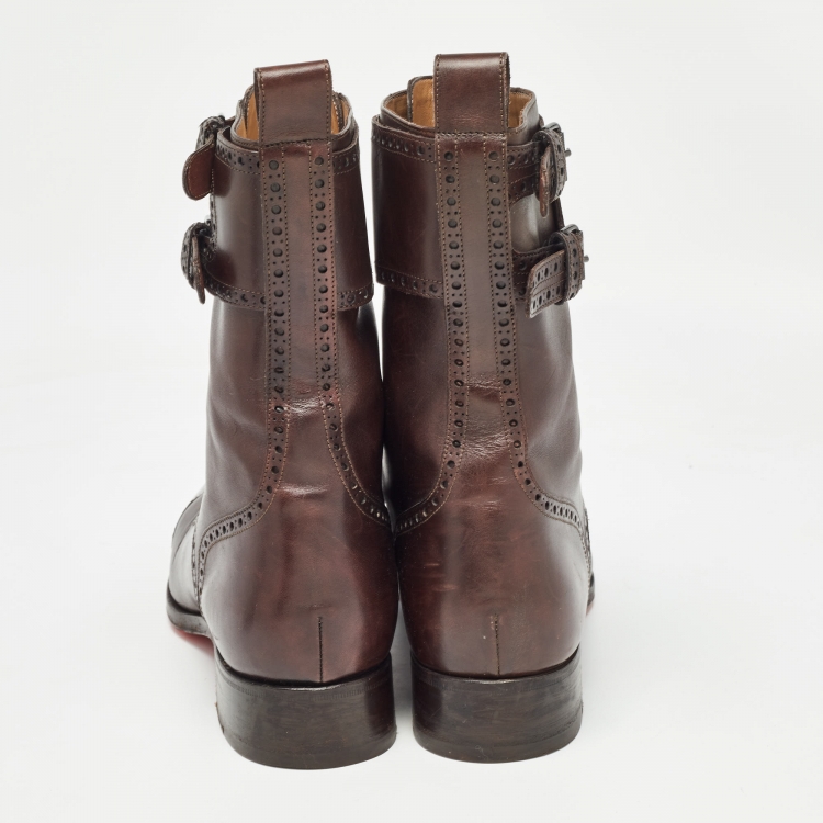 Pre Owned Christian Louboutin Brown Brogue Leather Toerless Boots Size 45