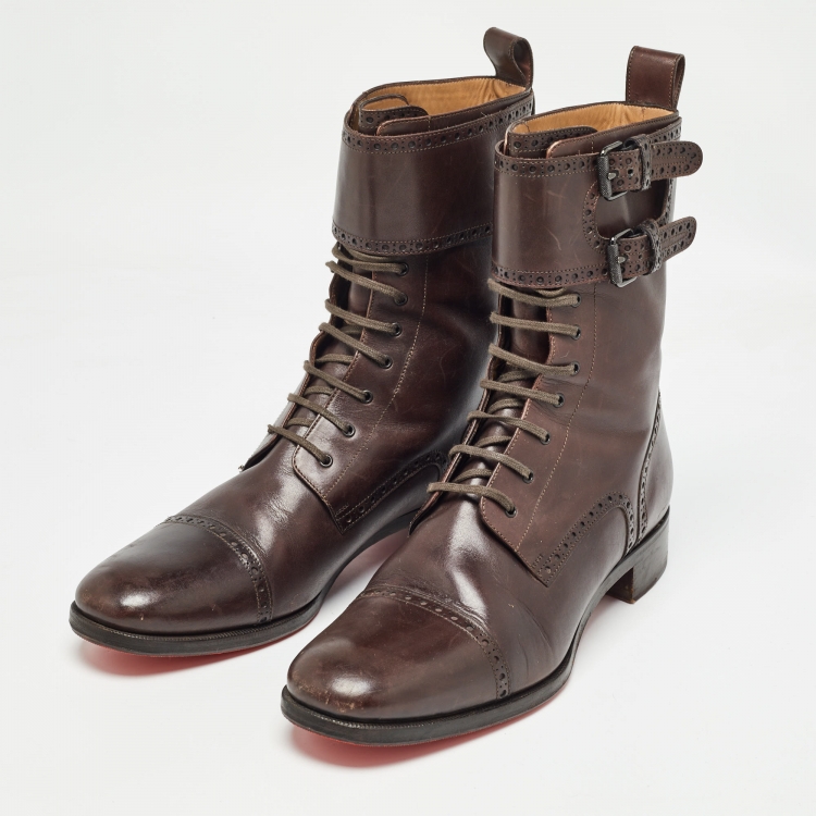 Pre Owned Christian Louboutin Brown Brogue Leather Toerless Boots Size 45