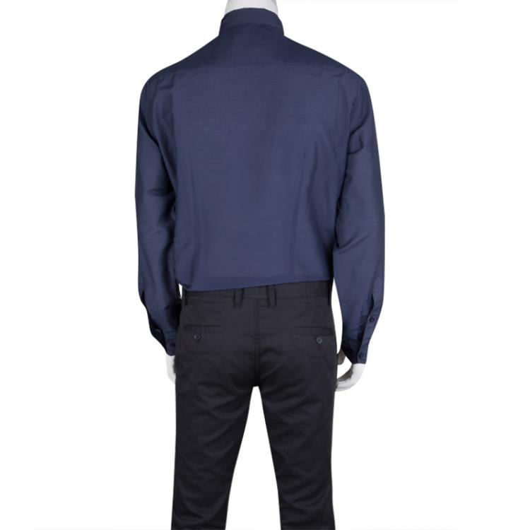 Pre Owned Class By Roberto Cavalli Navy Blue Cotton Silk Embroidered Long Sleeve Shirt L