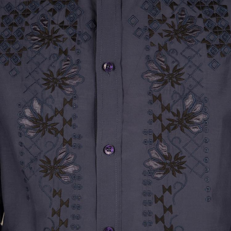 Pre Owned Class By Roberto Cavalli Navy Blue Cotton Silk Embroidered Long Sleeve Shirt L