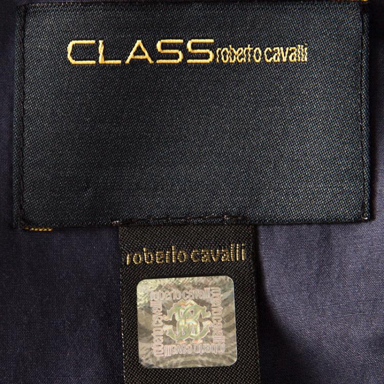 Pre Owned Class By Roberto Cavalli Navy Blue Cotton Silk Embroidered Long Sleeve Shirt L