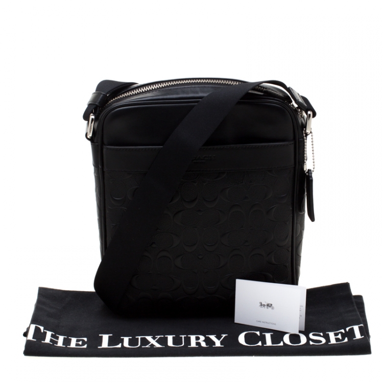 Pre Owned Coach Black Signature Embossed Leather Flight Messenger Bag