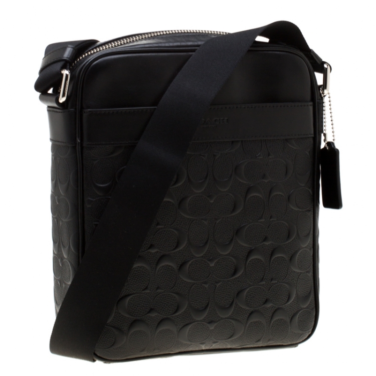 Pre Owned Coach Black Signature Embossed Leather Flight Messenger Bag