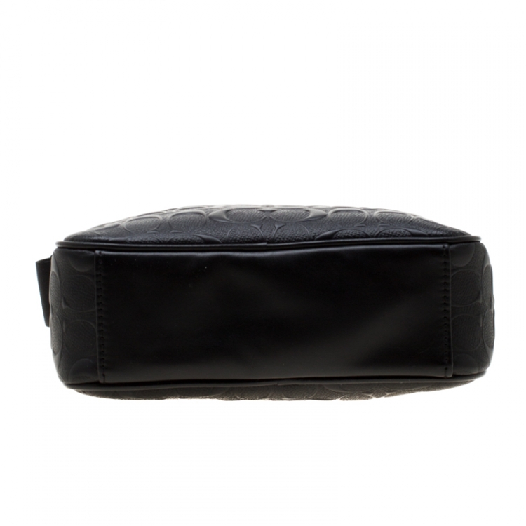 Pre Owned Coach Black Signature Embossed Leather Flight Messenger Bag