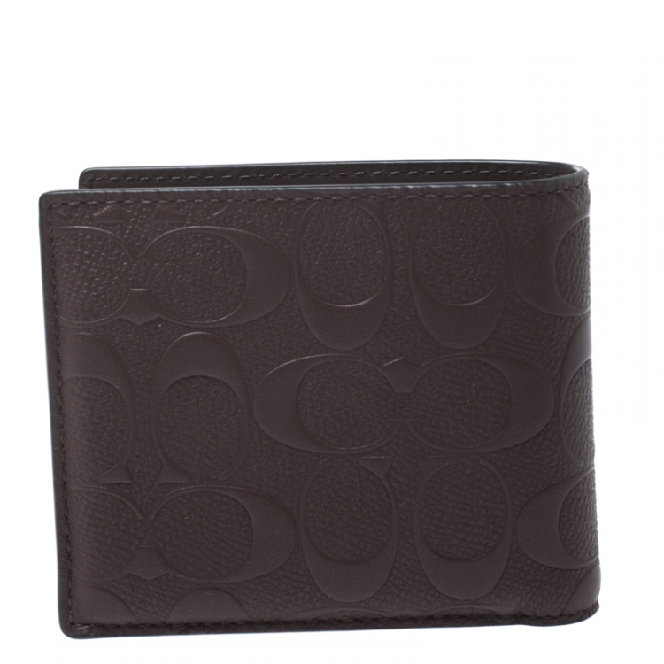Pre Owned Coach Dark Brown Signature Leather Compact Bifold Wallet
