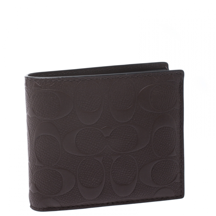 Pre Owned Coach Dark Brown Signature Leather Compact Bifold Wallet