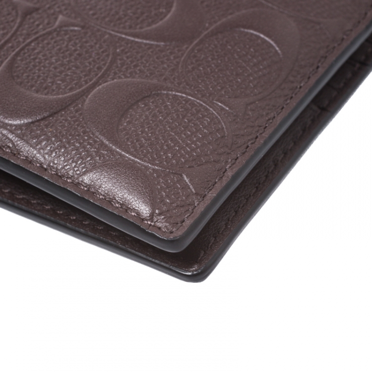 Pre Owned Coach Dark Brown Signature Leather Compact Bifold Wallet
