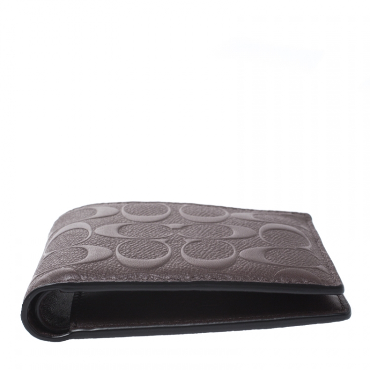 Pre Owned Coach Dark Brown Signature Leather Compact Bifold Wallet