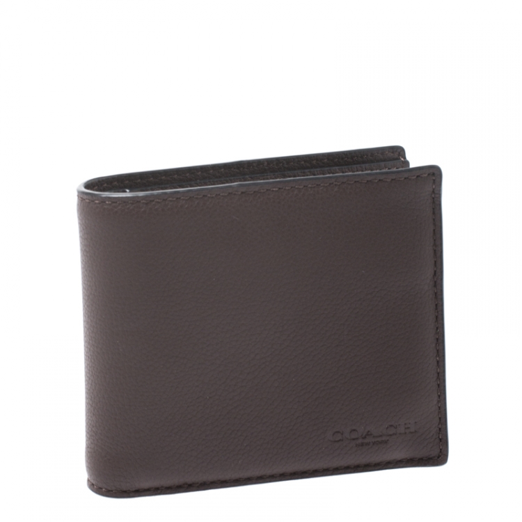 Pre Owned Coach Dark Brown Leather Compact Bifold Wallet