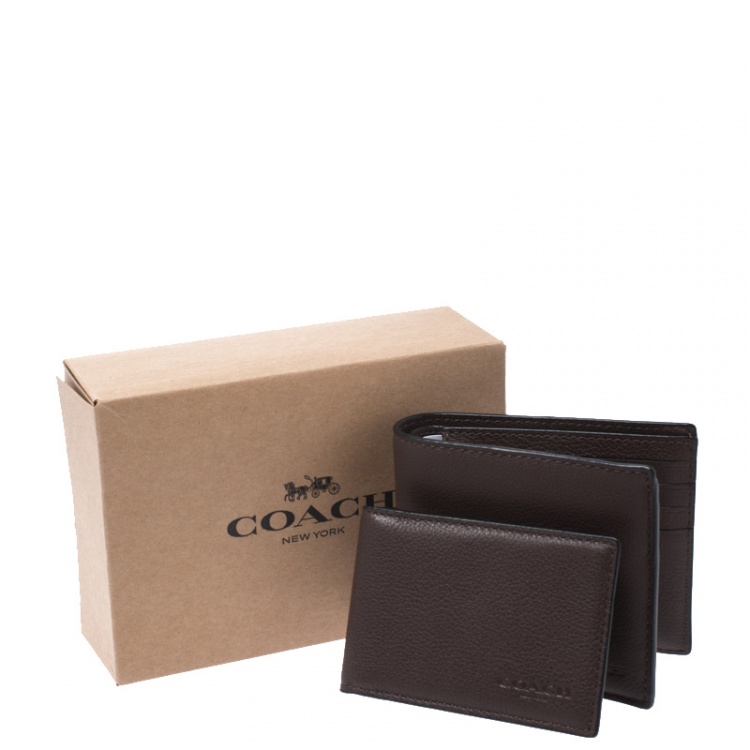 Pre Owned Coach Dark Brown Leather Compact Bifold Wallet
