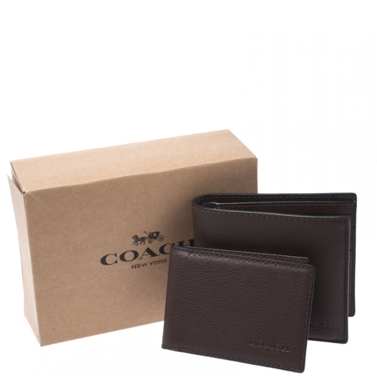 Pre Owned Coach Dark Brown Leather Compact Bifold Wallet
