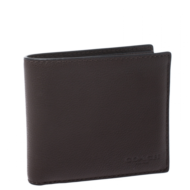 Pre Owned Coach Dark Brown Leather Compact Bifold Wallet
