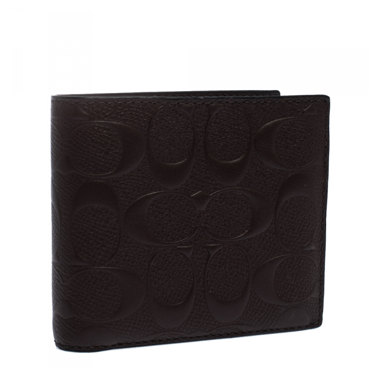 Pre Owned Coach Mahogany Signature Leather Compact Bifold Wallet