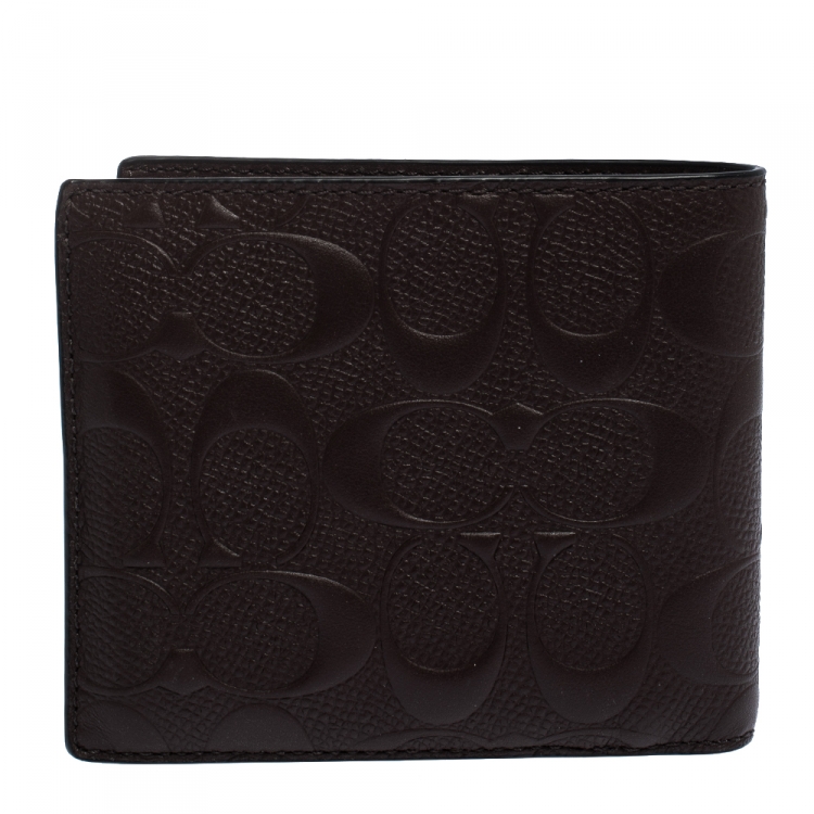 Pre Owned Coach Mahogany Signature Leather Compact Bifold Wallet