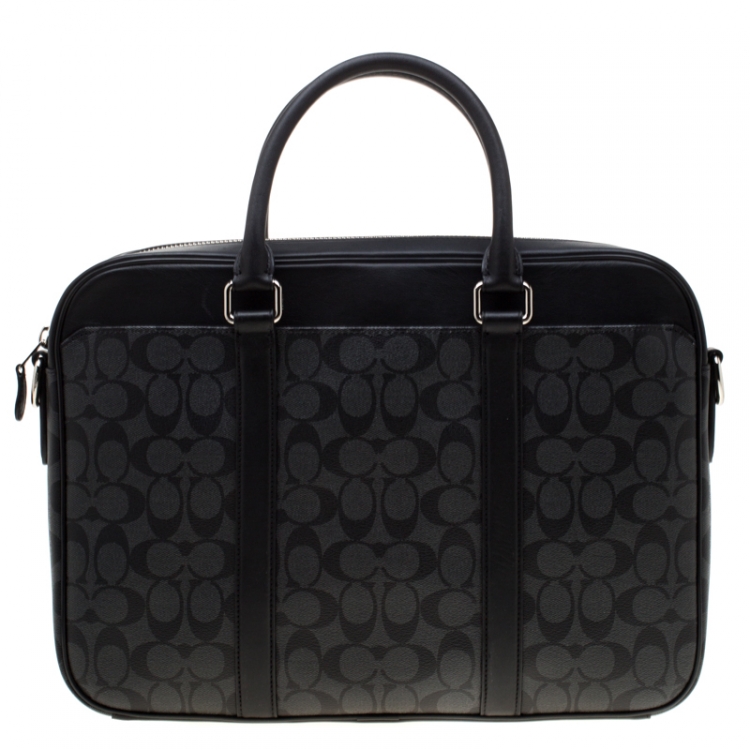 Pre Owned Coach Charcoal Signature Canvas and Leather Perry Slim Laptop Bag