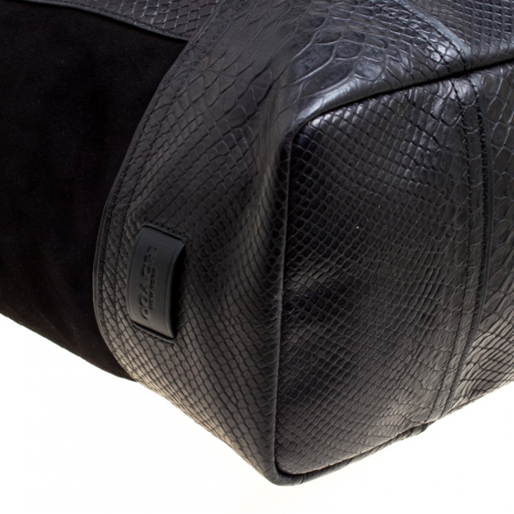 Pre Owned Coach Black Python Embossed Leather and Suede Oversized Tote