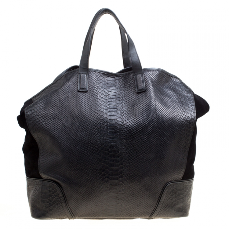 Pre Owned Coach Black Python Embossed Leather and Suede Oversized Tote
