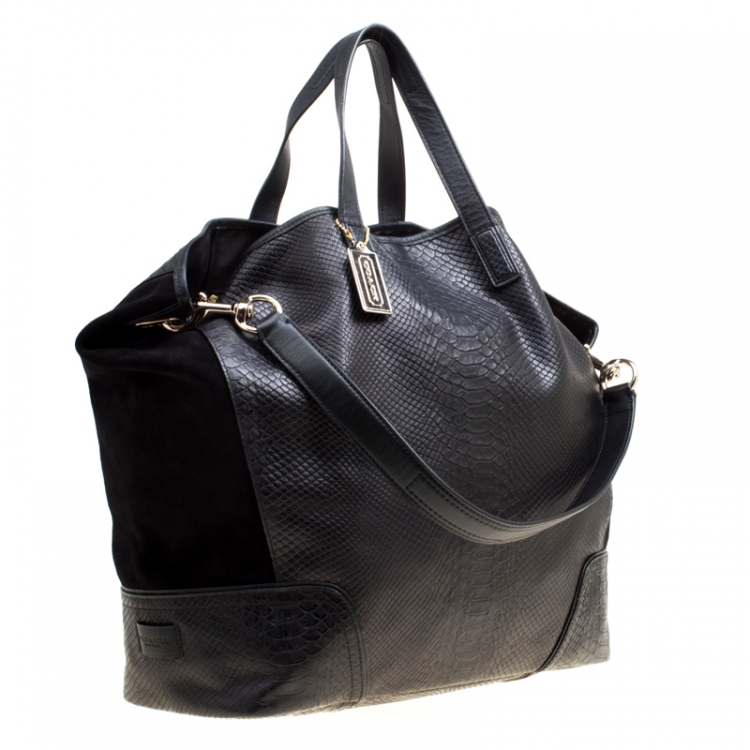 Pre Owned Coach Black Python Embossed Leather and Suede Oversized Tote