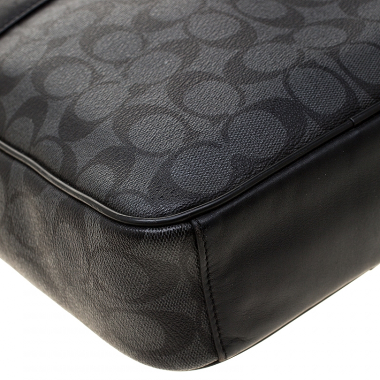 Pre Owned Coach Charcoal Signature Coated Canvas and Leather Flight Messenger Bag