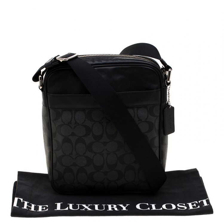 Pre Owned Coach Charcoal Signature Coated Canvas and Leather Flight Messenger Bag