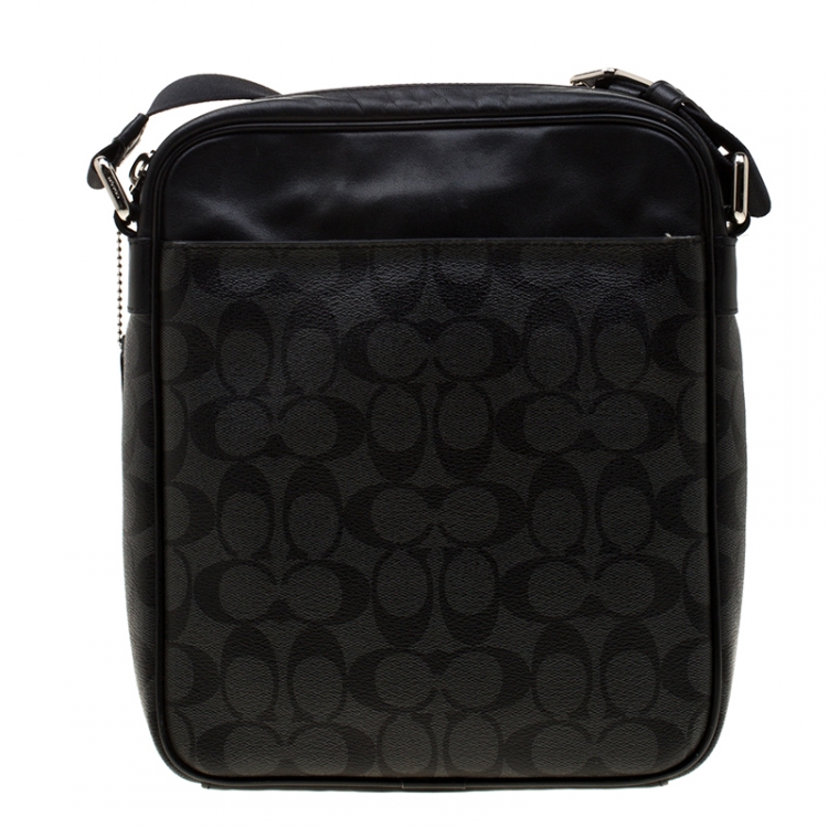 Pre Owned Coach Charcoal Signature Coated Canvas and Leather Flight Messenger Bag