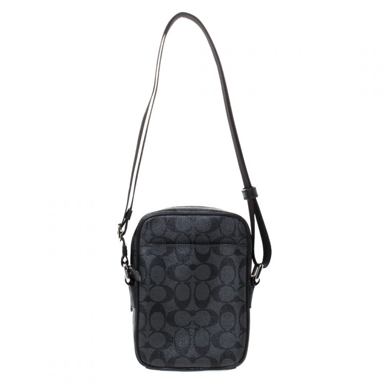 Pre Owned Coach Charcoal Signature Coated Canvas and Leather Messenger Bag 