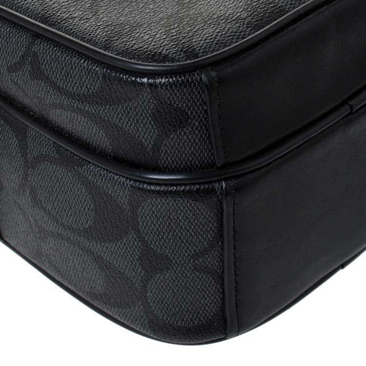 Pre Owned Coach Charcoal Signature Coated Canvas and Leather Messenger Bag 