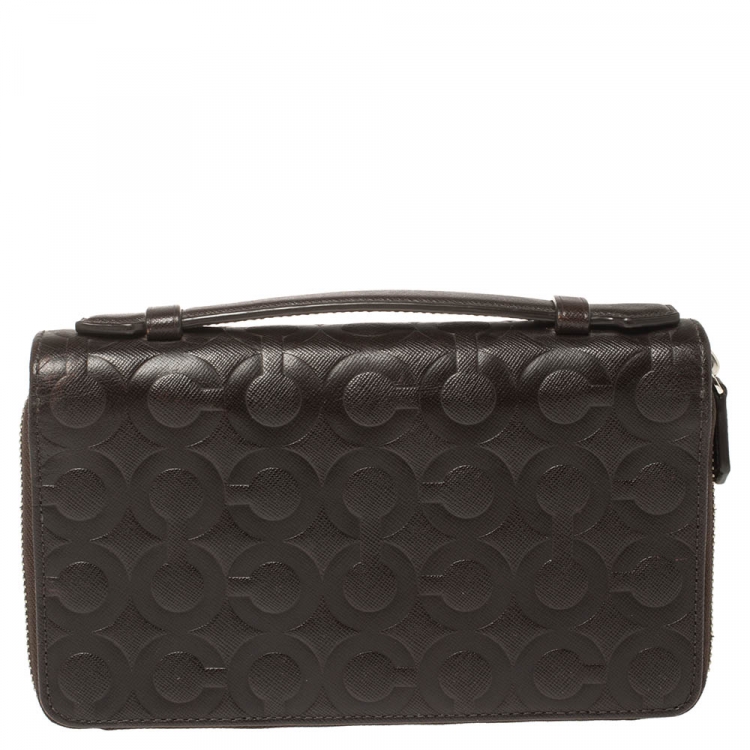 Pre Owned Coach Dark Brown Signature Embossed Leather Double Zip Clutch