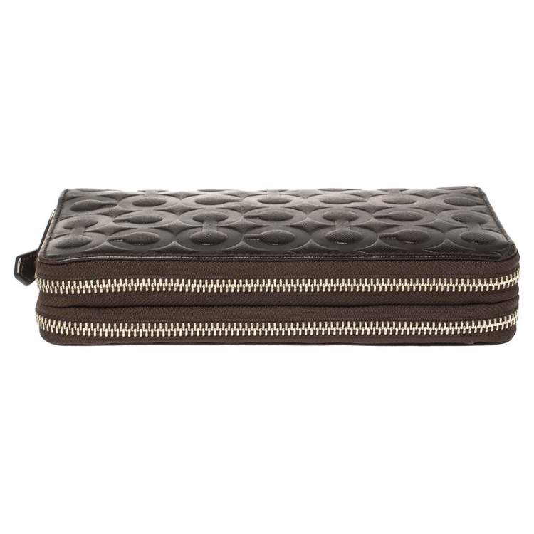 Pre Owned Coach Dark Brown Signature Embossed Leather Double Zip Clutch