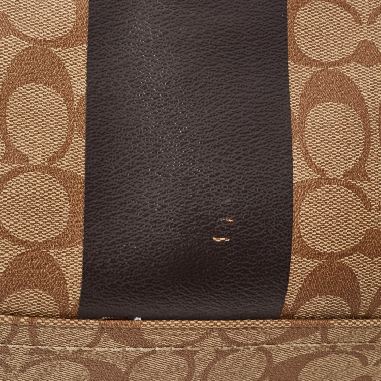 Pre Owned Coach Brown Signature Coated Canvas Heritage Stripe Duffle Bag
