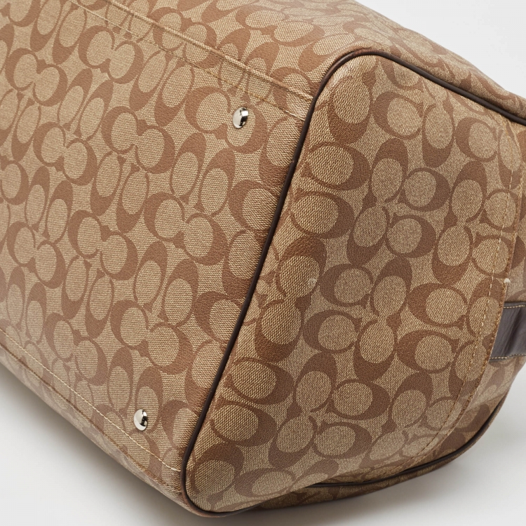 Pre Owned Coach Brown Signature Coated Canvas Heritage Stripe Duffle Bag