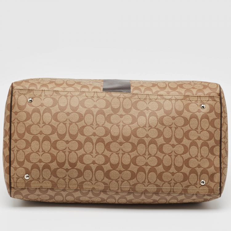 Pre Owned Coach Brown Signature Coated Canvas Heritage Stripe Duffle Bag