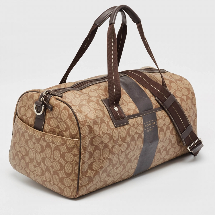 Pre Owned Coach Brown Signature Coated Canvas Heritage Stripe Duffle Bag
