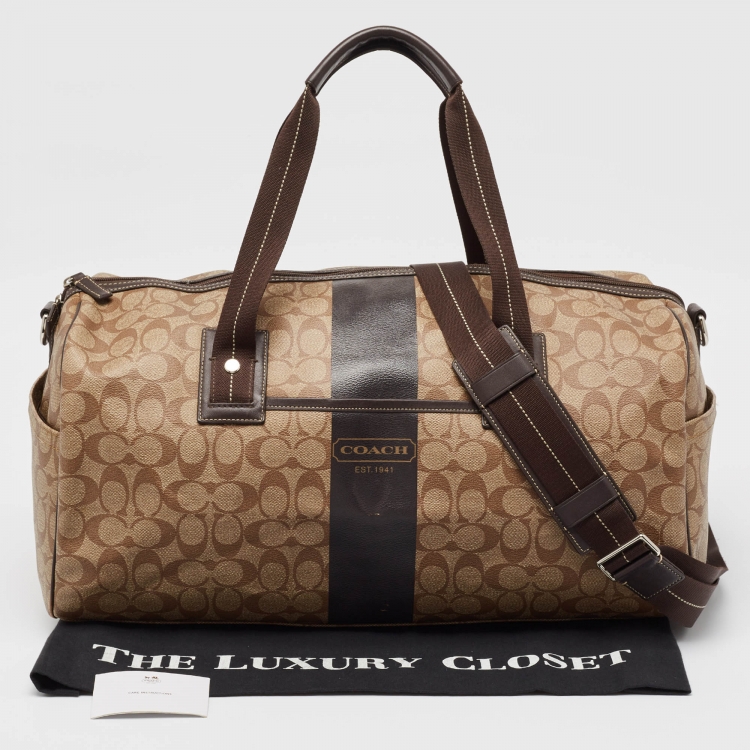 Pre Owned Coach Brown Signature Coated Canvas Heritage Stripe Duffle Bag