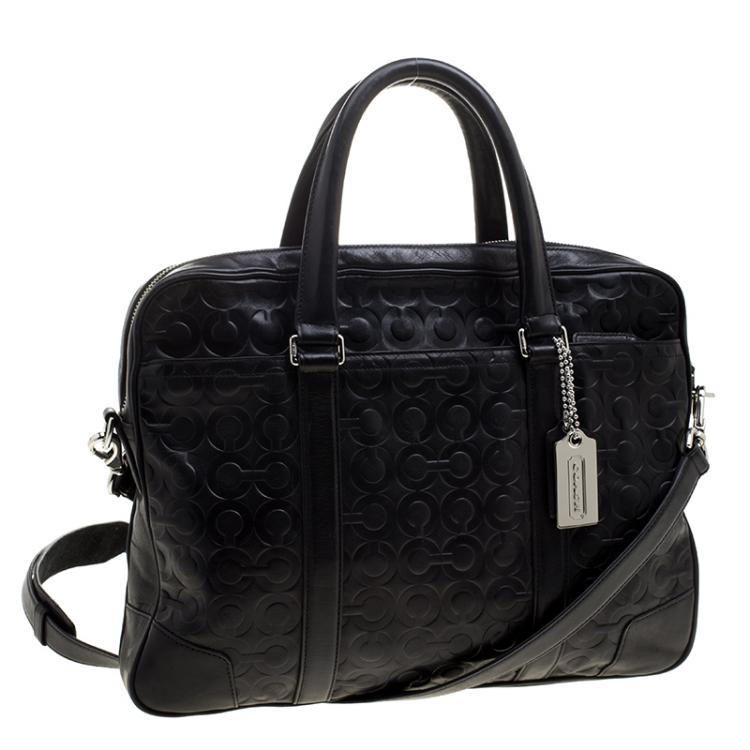 Pre Owned Coach Black Monogram Leather Slim Laptop Bag