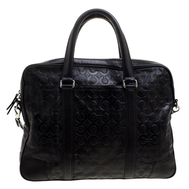 Pre Owned Coach Black Monogram Leather Slim Laptop Bag