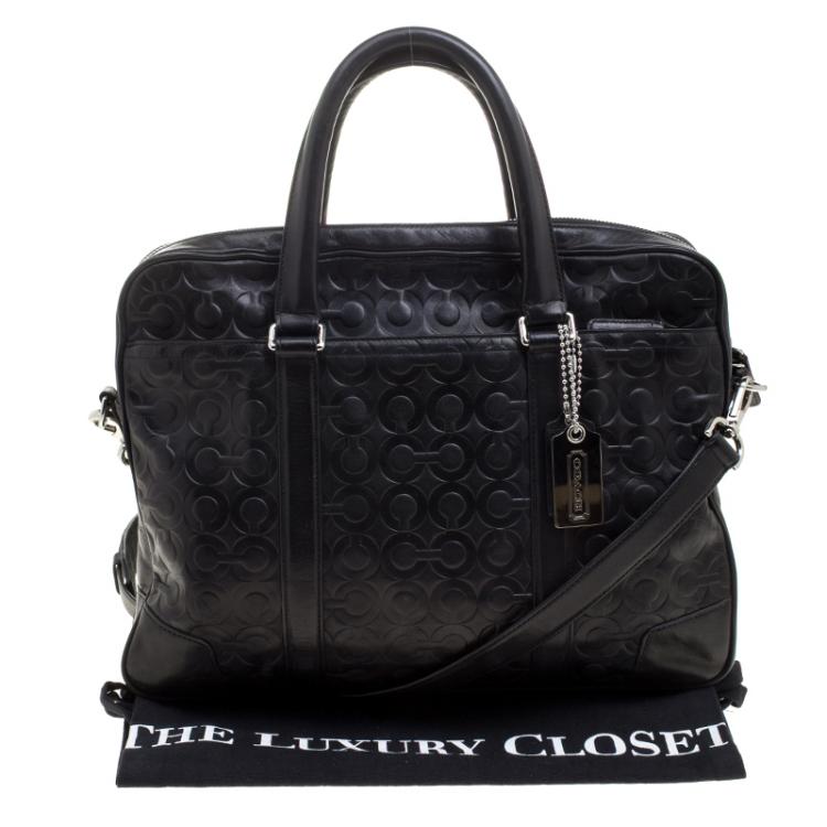 Pre Owned Coach Black Monogram Leather Slim Laptop Bag