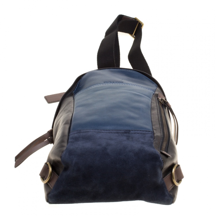 Pre Owned Coach Black/Blue Leather and Suede Thompson Sling Backpack