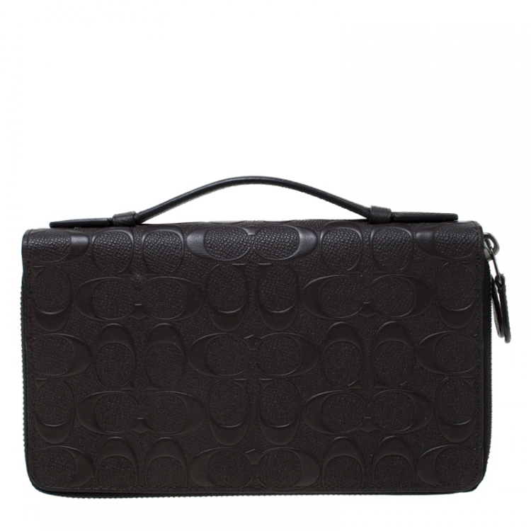 Pre Owned Coach Dark Brown Signature Embossed Leather Double Zip Travel Organizer