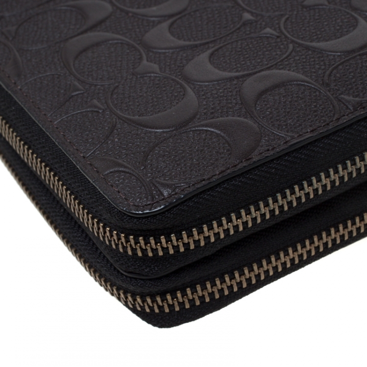 Pre Owned Coach Dark Brown Signature Embossed Leather Double Zip Travel Organizer