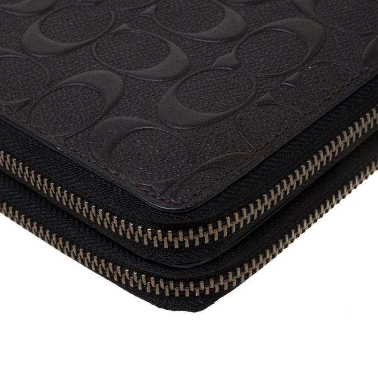 Pre Owned Coach Dark Brown Signature Embossed Leather Double Zip Travel Organizer