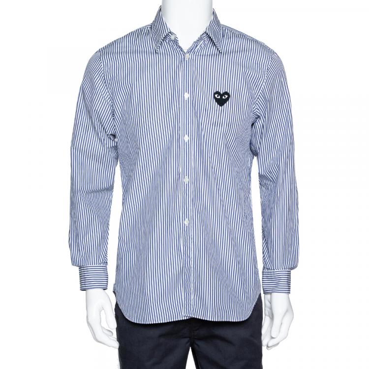 Comme des Garcons Play Blue Striped Cotton Logo Detail Shirt M Commes ...