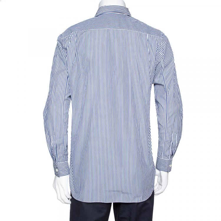 Pre Owned Comme des Garcons Play Blue Striped Cotton Logo Detail Shirt M
