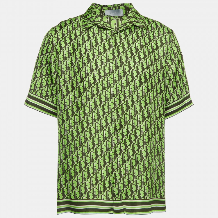 Pre Owned Dior Homme Neon Green Oblique Silk Short Sleeve Shirt M