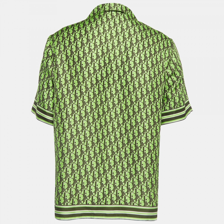 Pre Owned Dior Homme Neon Green Oblique Silk Short Sleeve Shirt M