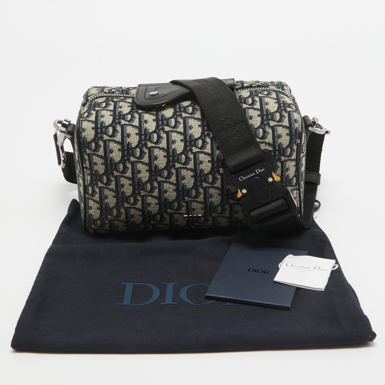 Pre Owned Dior Black/Navy Blue Oblique Canvas and Leather Lingot 22 Bag