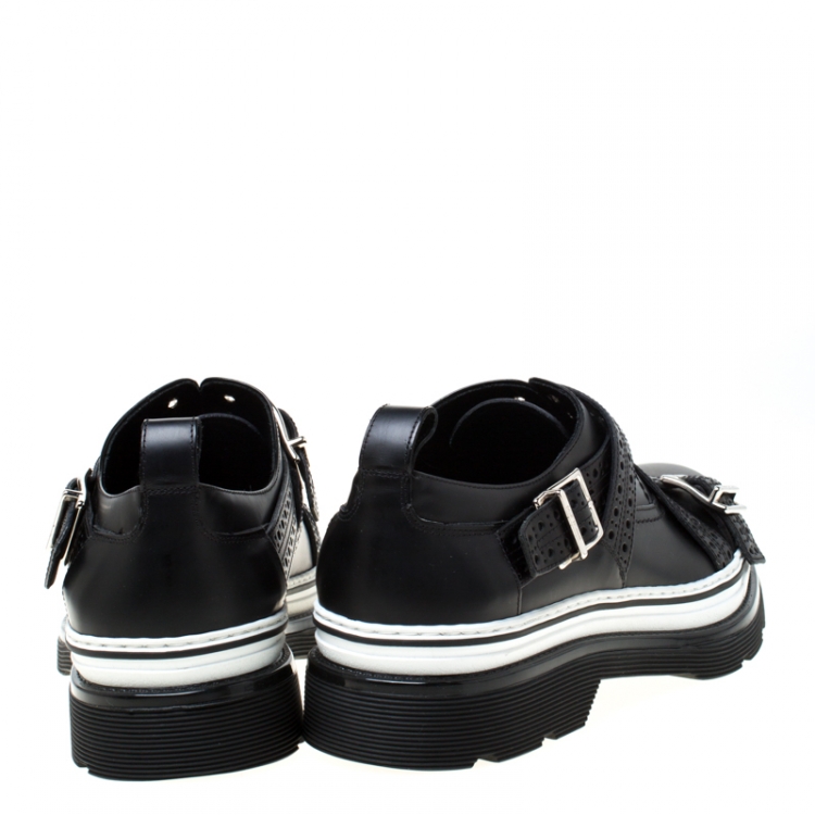 Pre Owned Dior Homme Black Brogue Leather Cross Strap Platform Oxfords Size 41.5